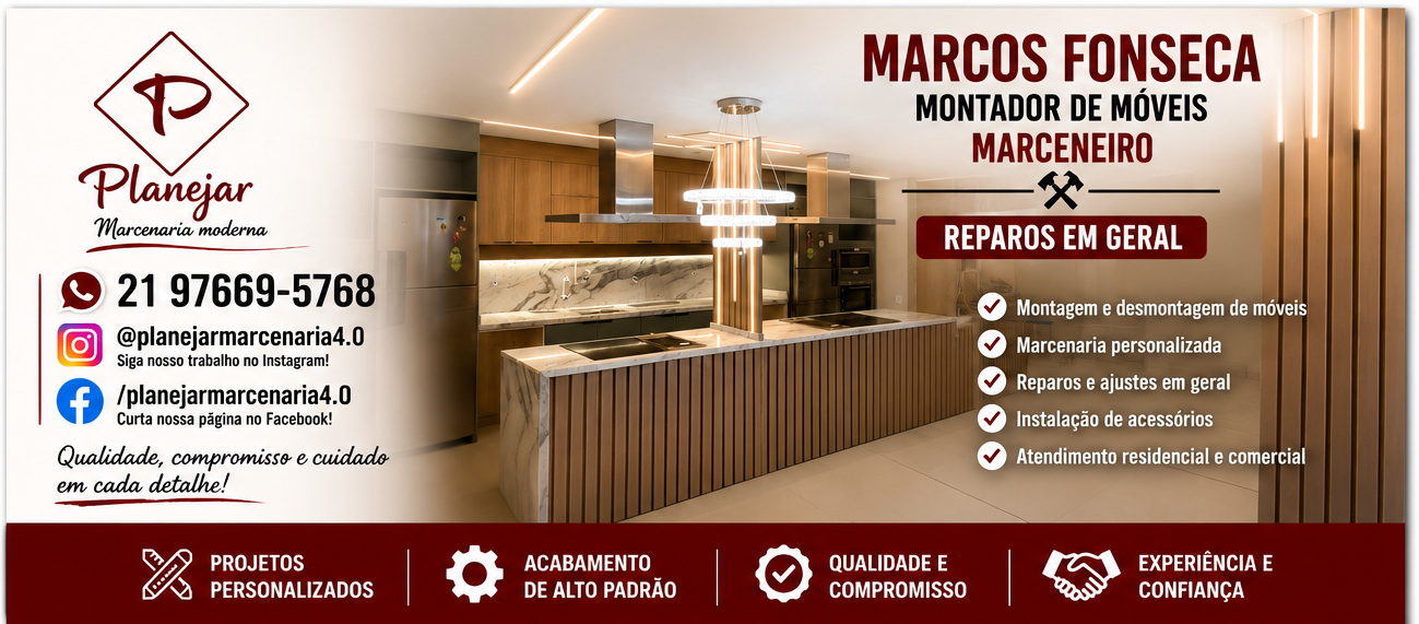 Apresentação de Marcos Fonseca, montador de móveis e marceneiro: cozinha planejada, contato e serviços